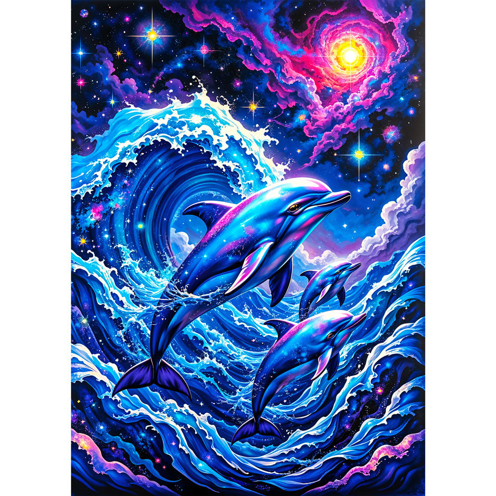 5D Diamond Painting mit AB-Effekt – Galaktische Delfine, Unique-Diamond