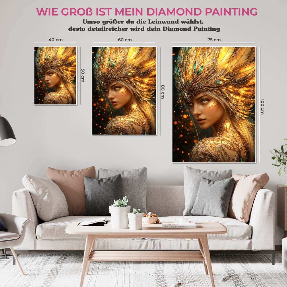 5D Diamond Painting mit AB Effekt – Goldene Göttin mit Kristallkrone, Unique-Diamond