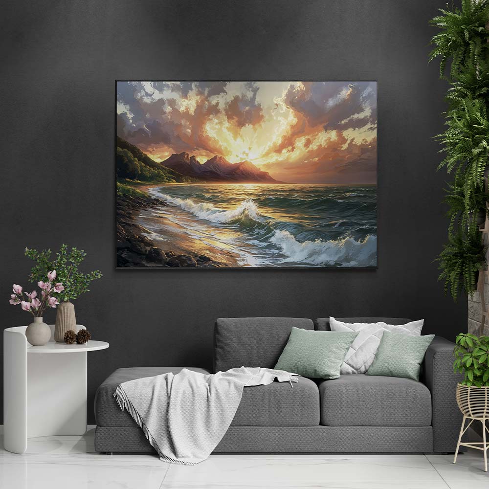 5D Diamond Painting mit AB-Effekt – Goldenes Abendlicht am Meer, Unique-Diamond