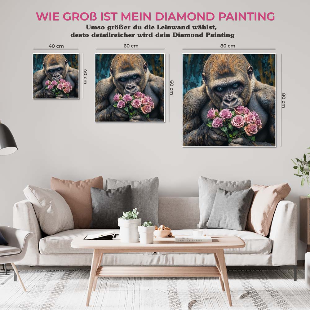 5D Diamond Painting mit AB Effekt – Gorilla mit Rosen, Unique-Diamond