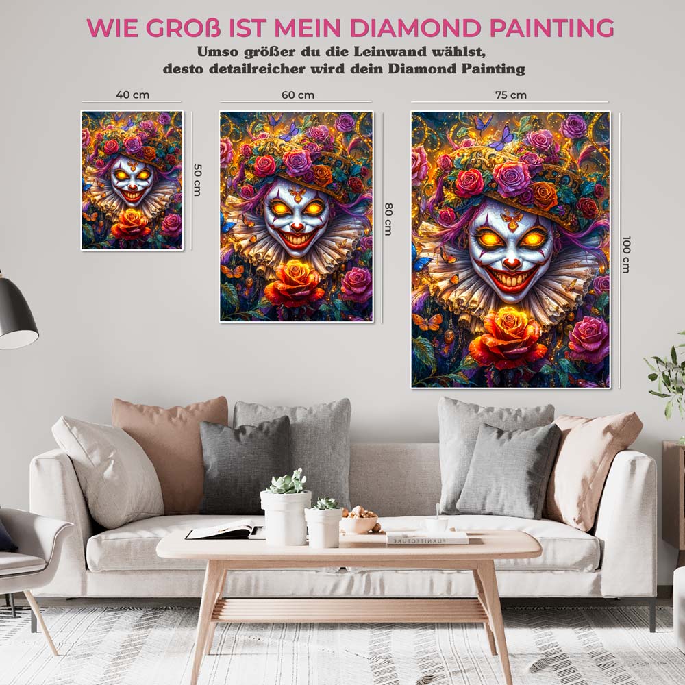 5D Diamond Painting mit AB Effekt – Grinsender Clown der Rosen mit 100 Farben, Unique-Diamond