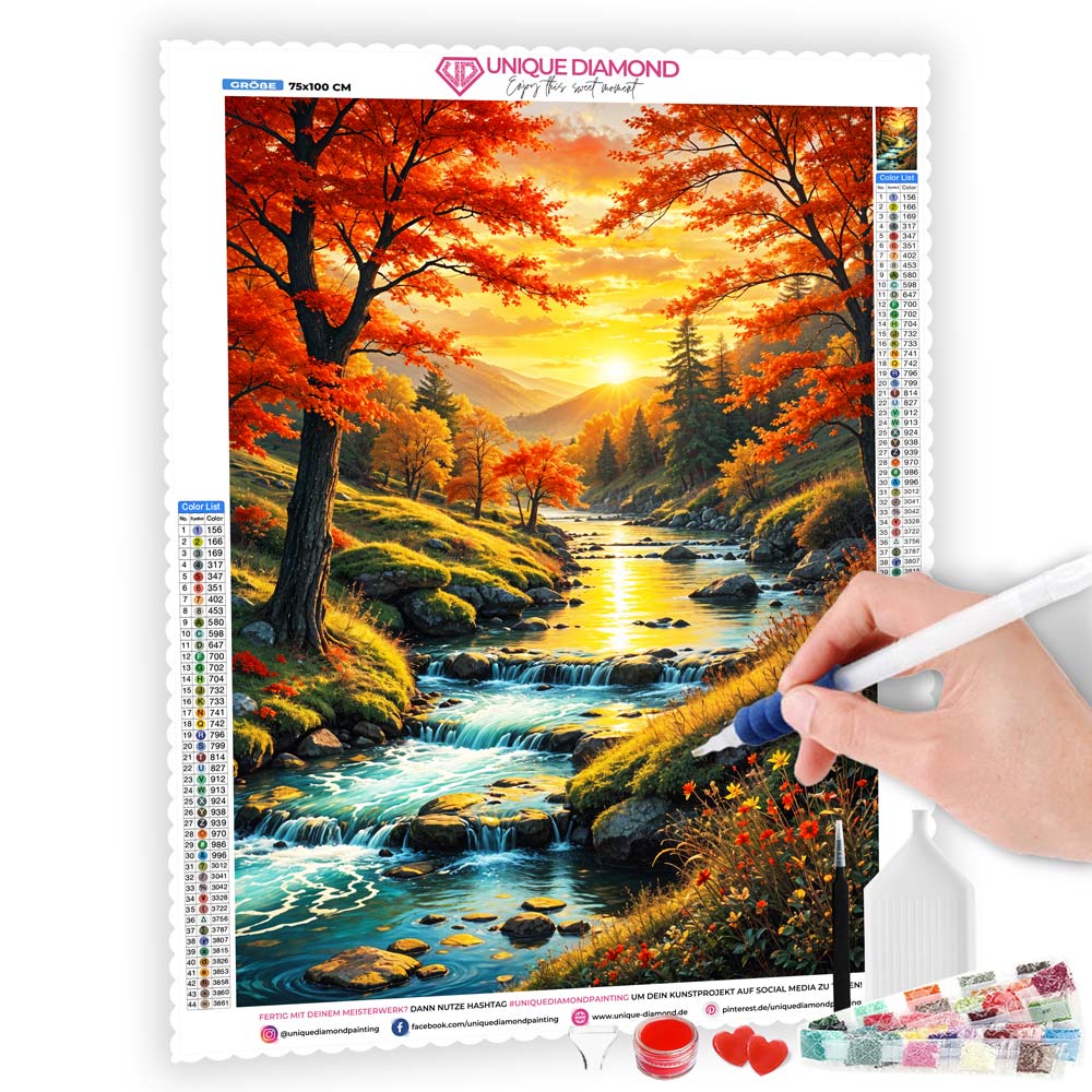 5D Diamond Painting mit AB-Effekt – Herbstzauber am Fluss, Unique-Diamond