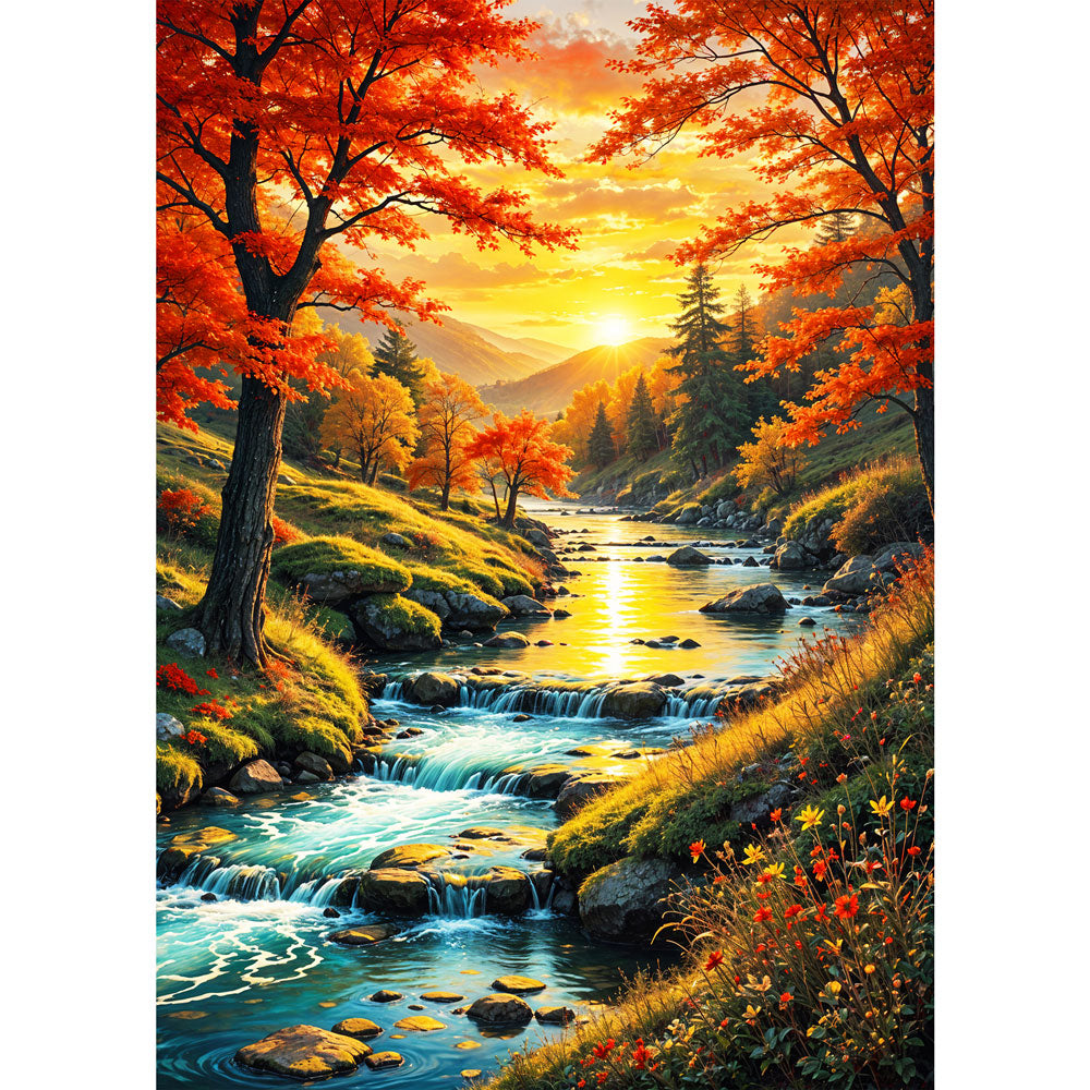 5D Diamond Painting mit AB-Effekt – Herbstzauber am Fluss, Unique-Diamond