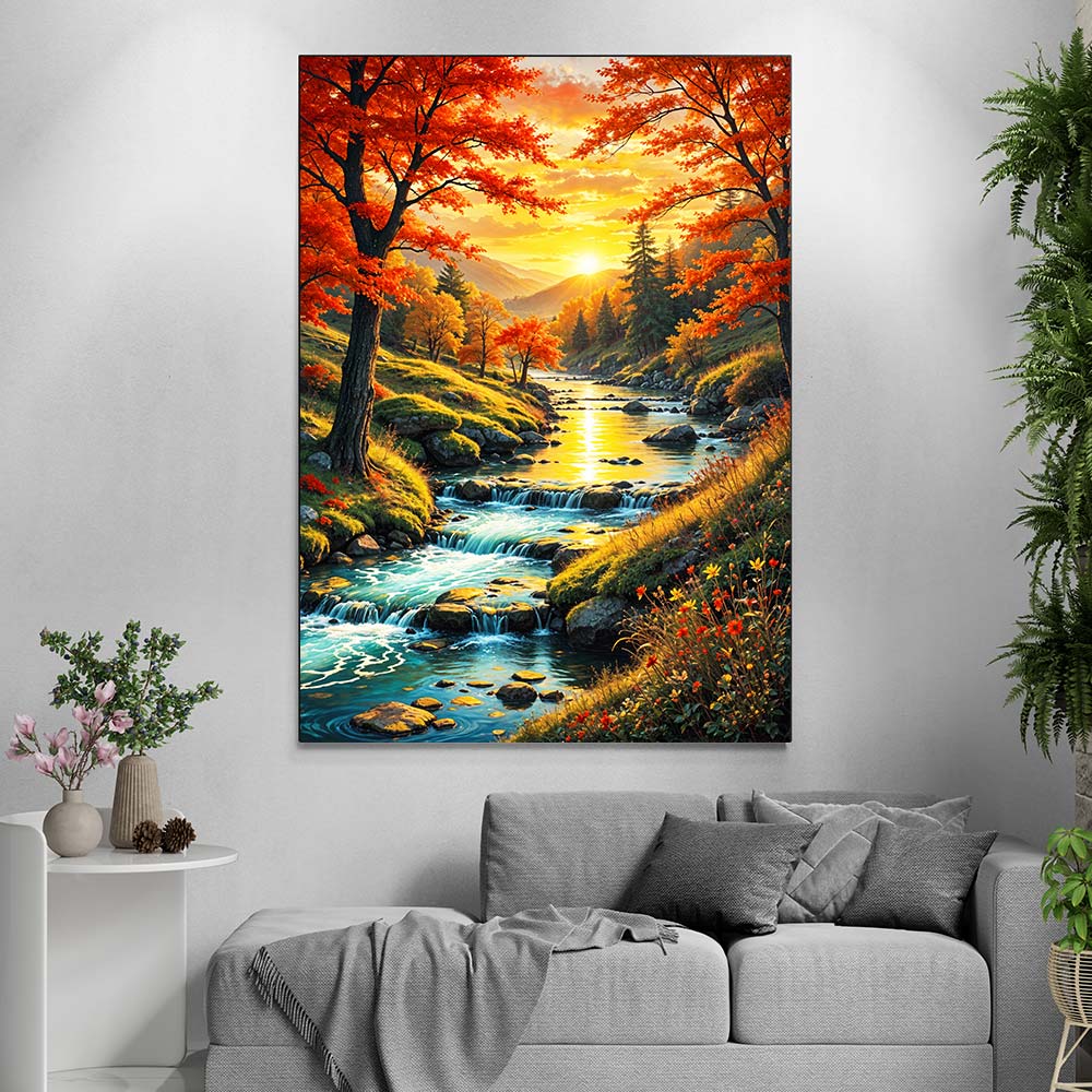 5D Diamond Painting mit AB-Effekt – Herbstzauber am Fluss, Unique-Diamond