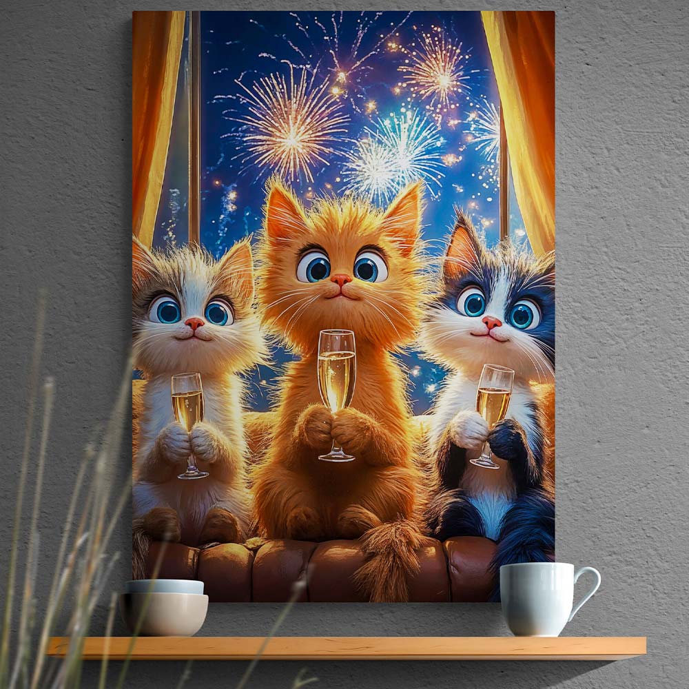 5D Diamond Painting mit AB-Effekt – Katzen Silvesterfeier, Unique-Diamond