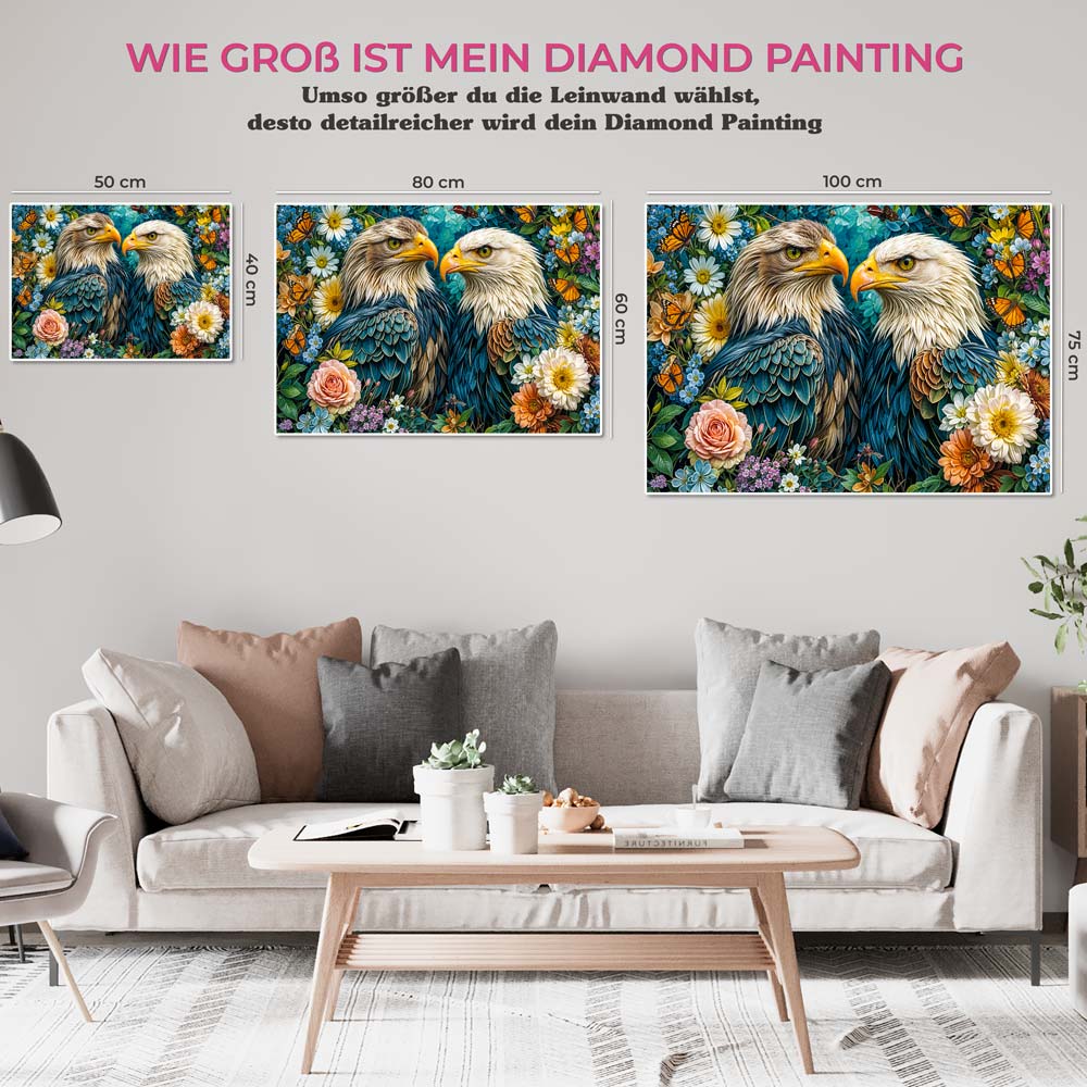 5D Diamond Painting mit AB Effekt – Königliche Adler im Blumenparadies, Unique-Diamond
