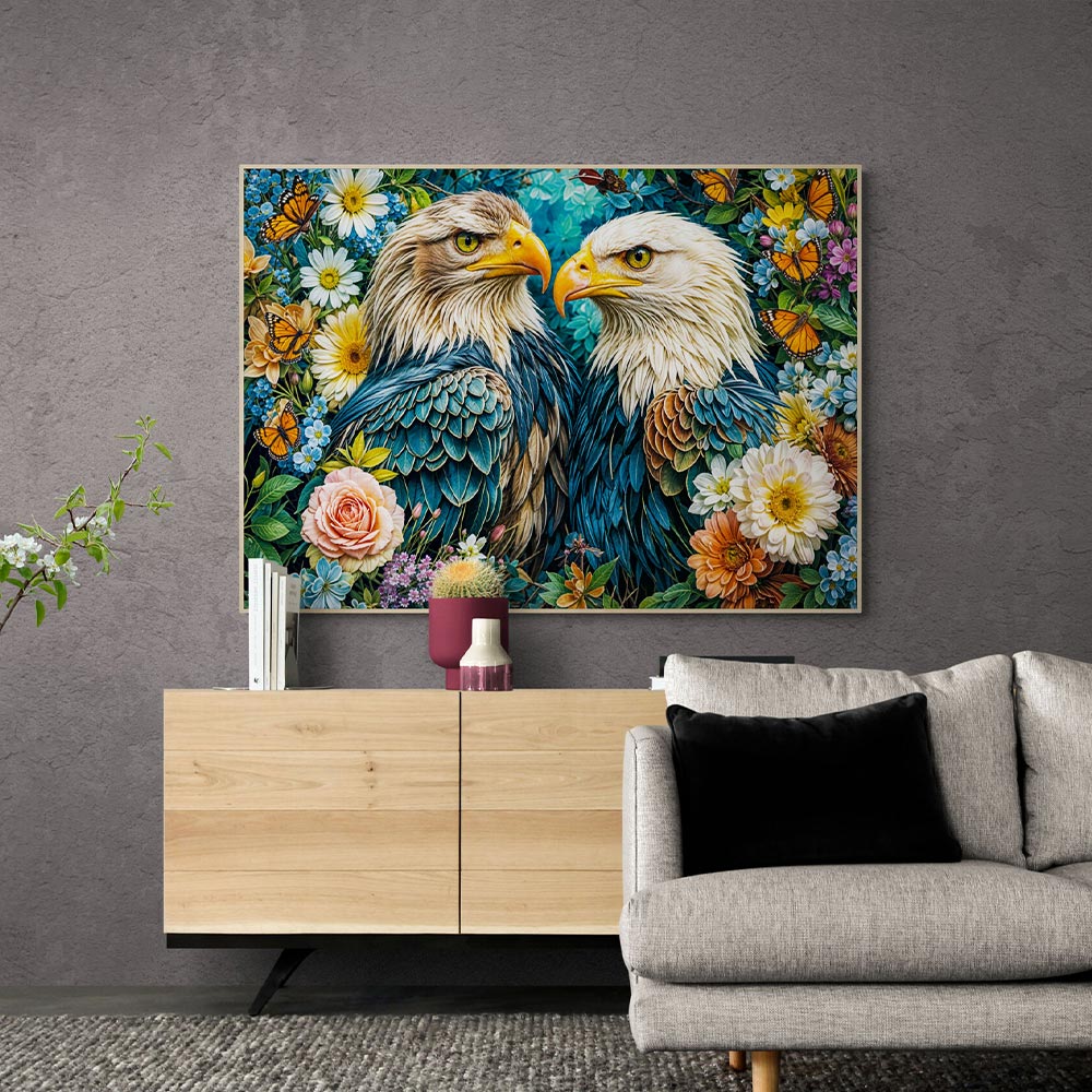 5D Diamond Painting mit AB Effekt – Königliche Adler im Blumenparadies, Unique-Diamond