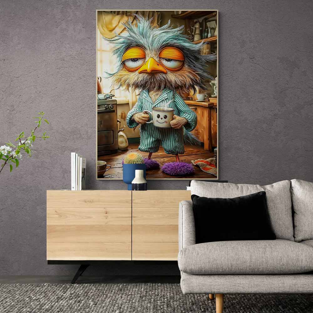 5D Diamond Painting mit AB-Effekt – Morgenmuffel-Eule mit Kaffeetasse, Unique-Diamond