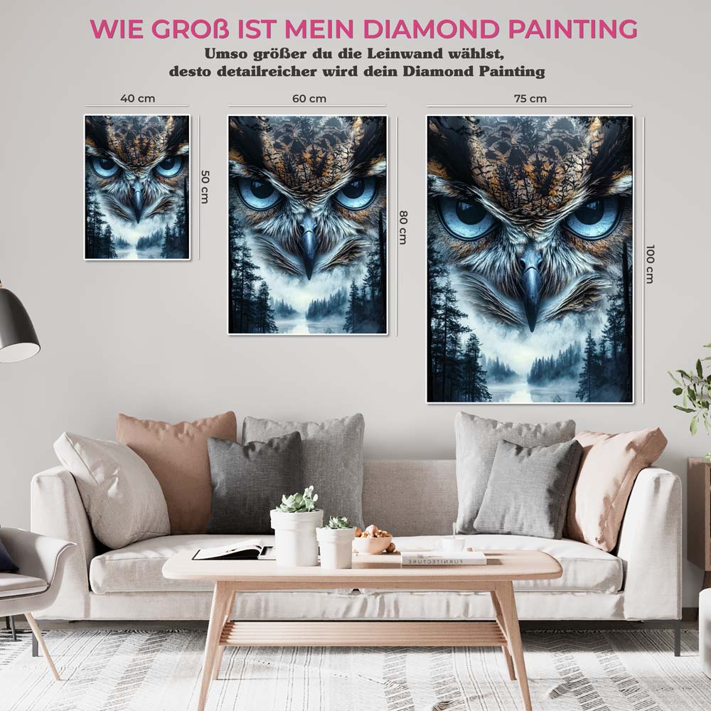 5D Diamond Painting mit AB Effekt – Mystische Eule im Nebelwald, Unique-Diamond