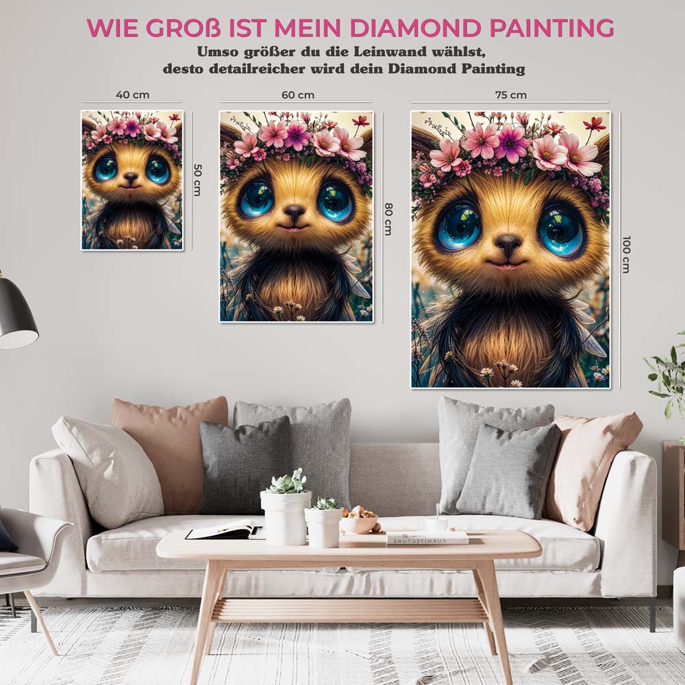 5D Diamond Painting mit AB Effekt – Niedliches Wesen mit Blumenkranz, Unique-Diamond