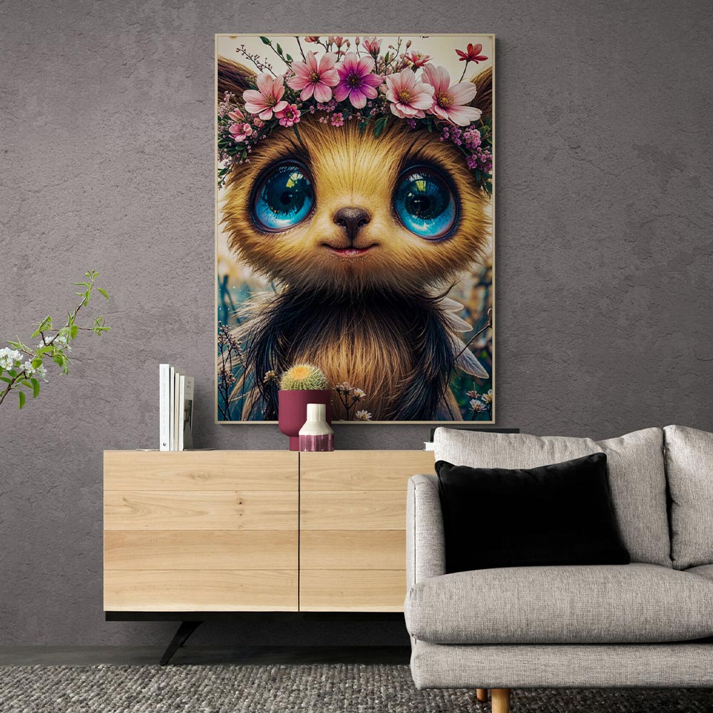 5D Diamond Painting mit AB Effekt – Niedliches Wesen mit Blumenkranz, Unique-Diamond
