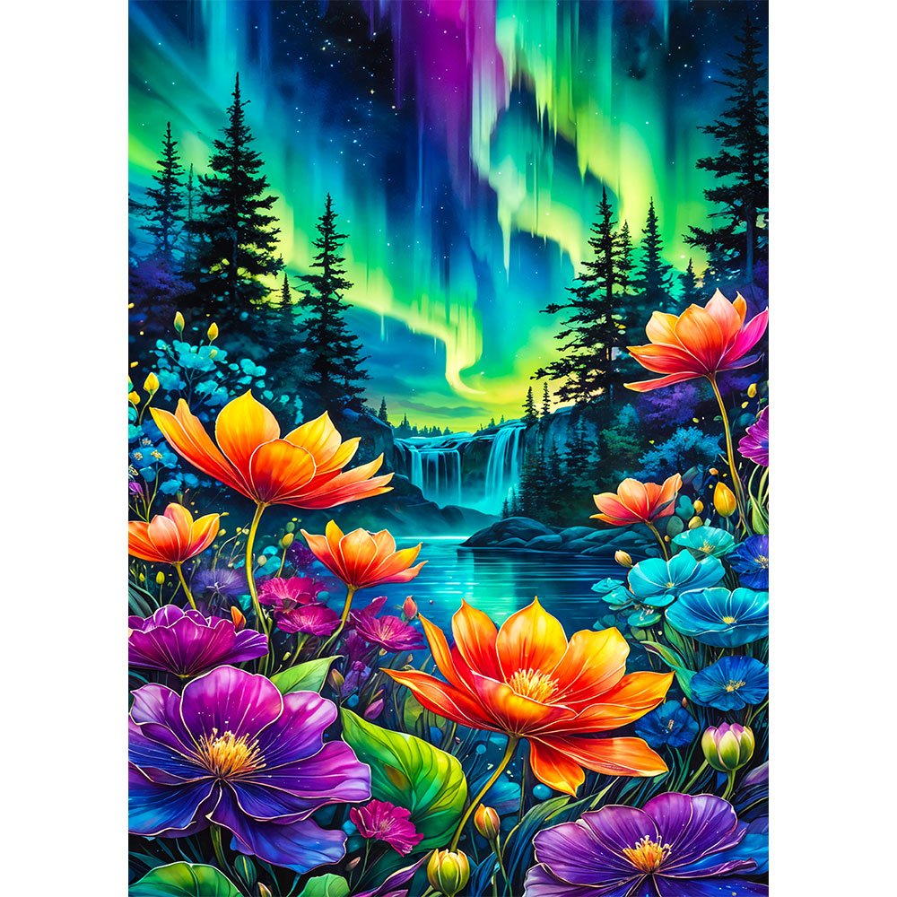 5D Diamond Painting mit AB Effekt – Nordlicht-Blumenpracht, Unique-Diamond