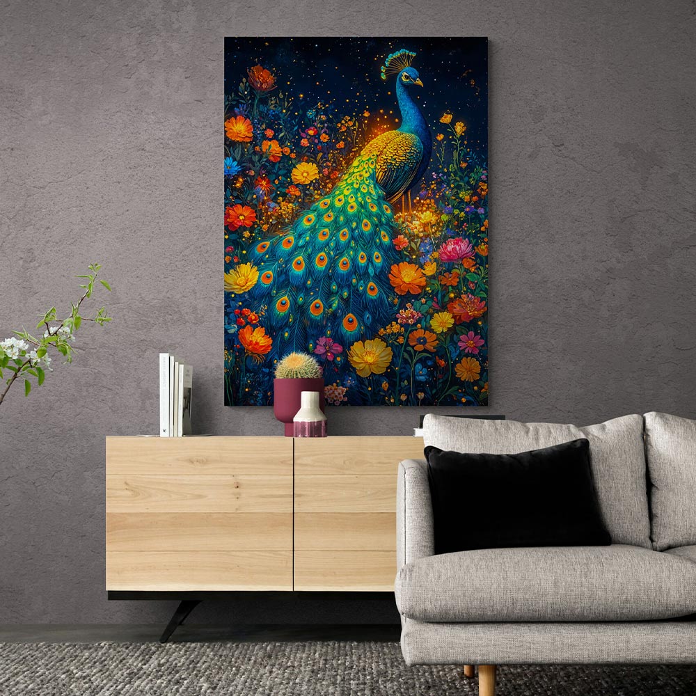 5D Diamond Painting mit AB Effekt – Pfau im Blumenfeld, Unique-Diamond