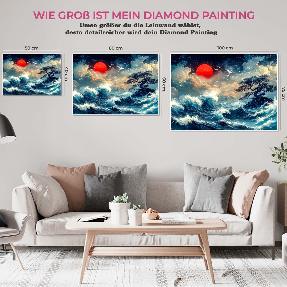 5D Diamond Painting mit AB Effekt – Sturmwellen und roter Mond, Unique-Diamond