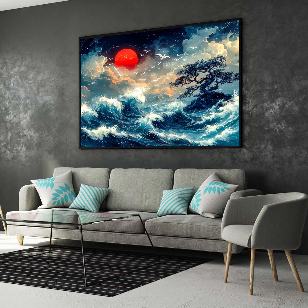 5D Diamond Painting mit AB Effekt – Sturmwellen und roter Mond, Unique-Diamond