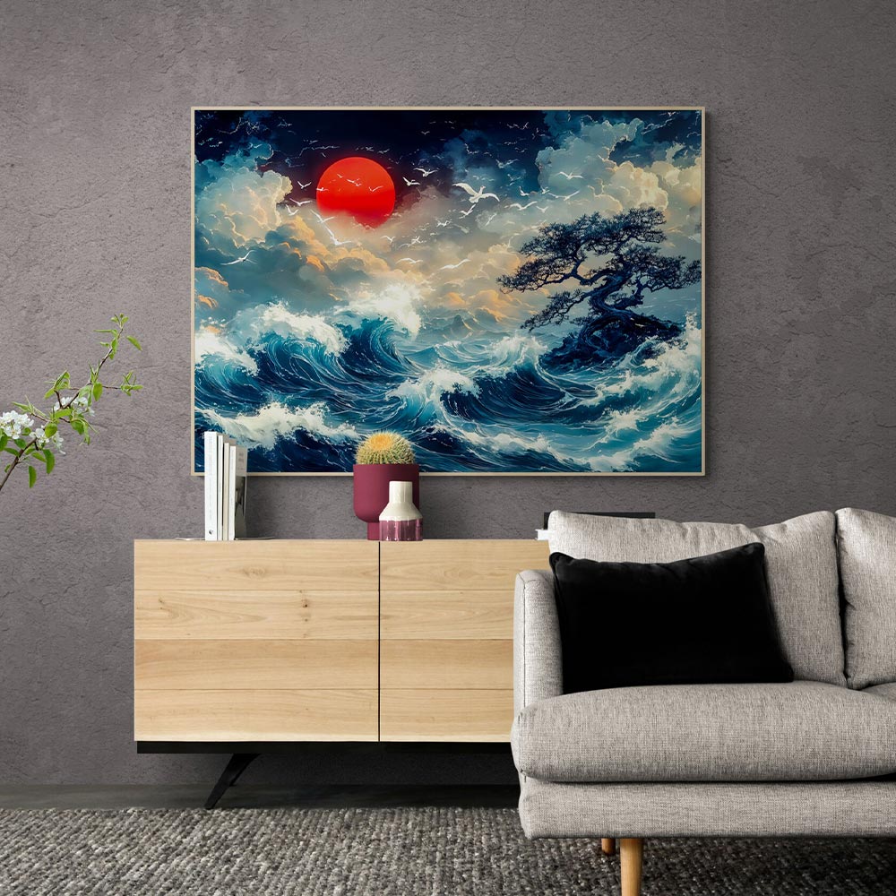 5D Diamond Painting mit AB Effekt – Sturmwellen und roter Mond, Unique-Diamond