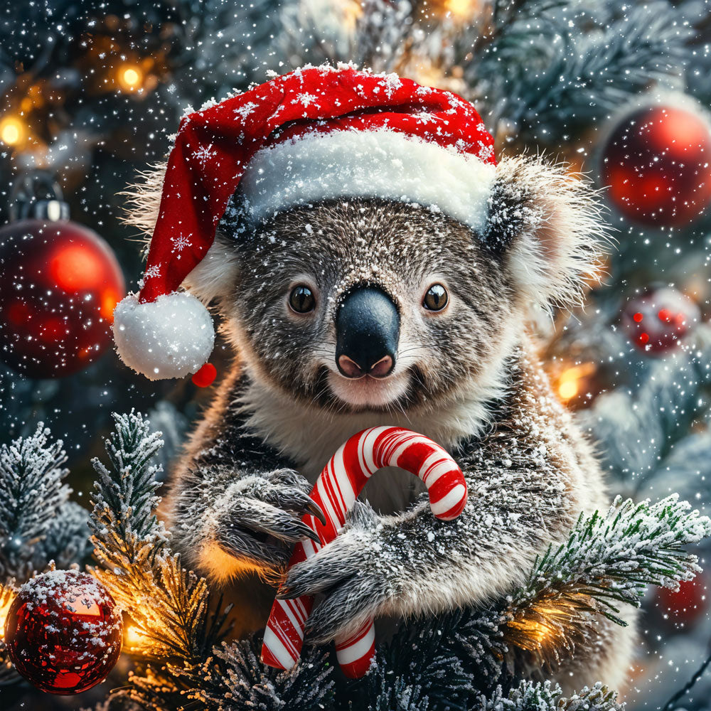 5D Diamond Painting mit AB-Effekt – Weihnachts-Koala mit Zuckerstange, Unique-Diamond