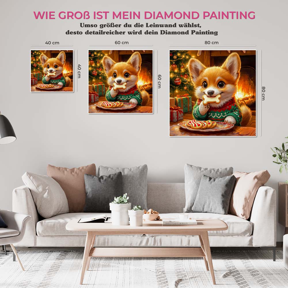 5D Diamond Painting mit AB Effekt – Weihnachtshund vor dem Kamin, Unique-Diamond