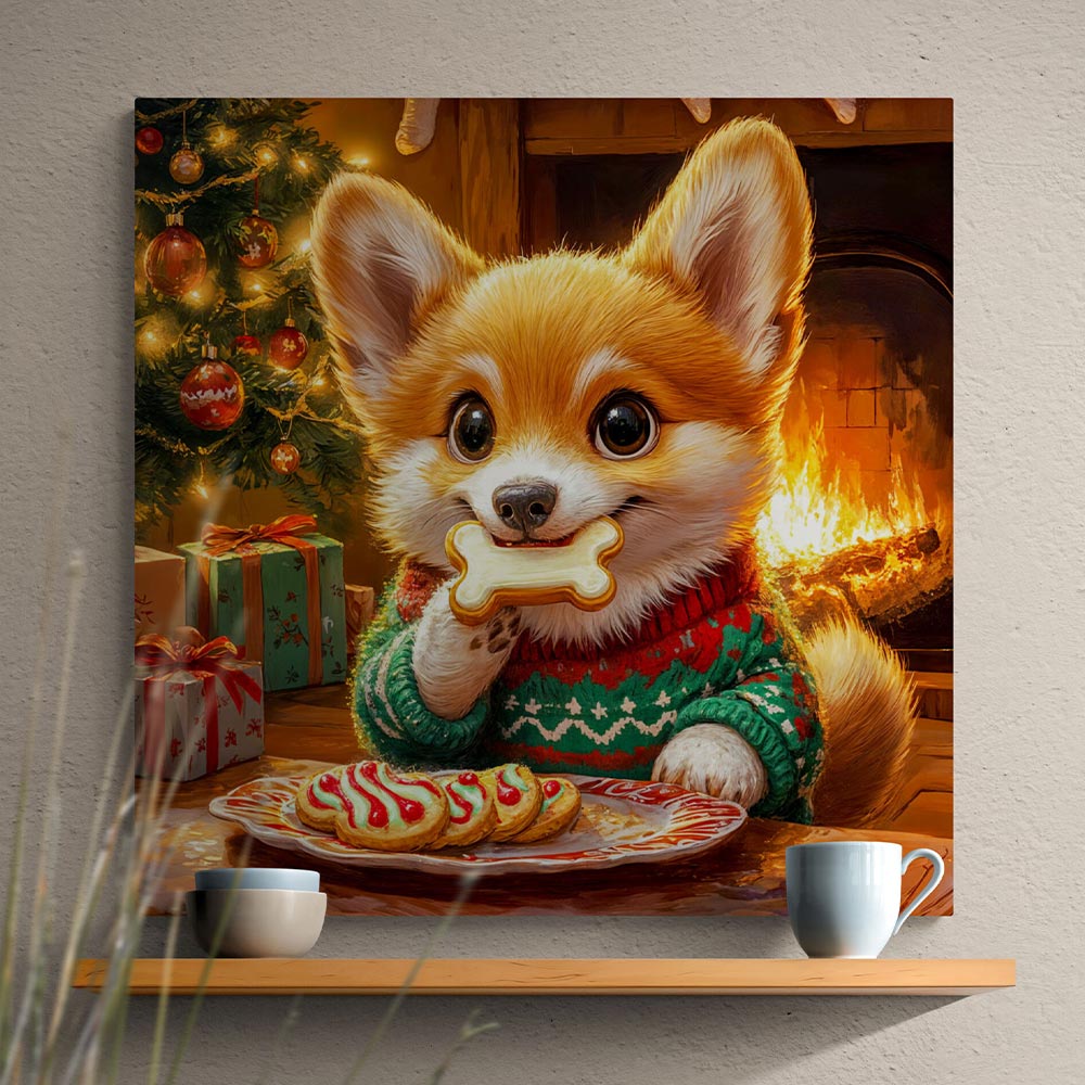 5D Diamond Painting mit AB Effekt – Weihnachtshund vor dem Kamin, Unique-Diamond
