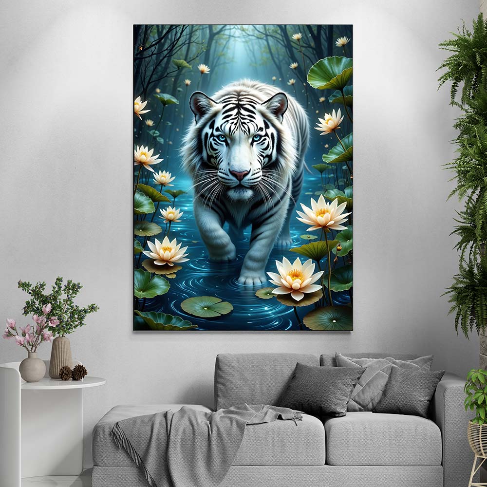5D Diamond Painting mit AB-Effekt – Weißer Tiger im Seerosenteich, Unique-Diamond