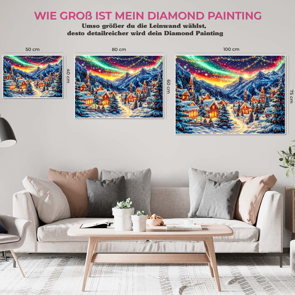 5D Diamond Painting mit AB Effekt – Winterliches Bergdorf unter Polarlichtern mit 100 Farben, Unique-Diamond