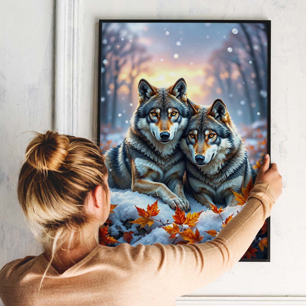 5D Diamond Painting mit AB-Effekt – Wolfspaar im Winterwald, Unique-Diamond
