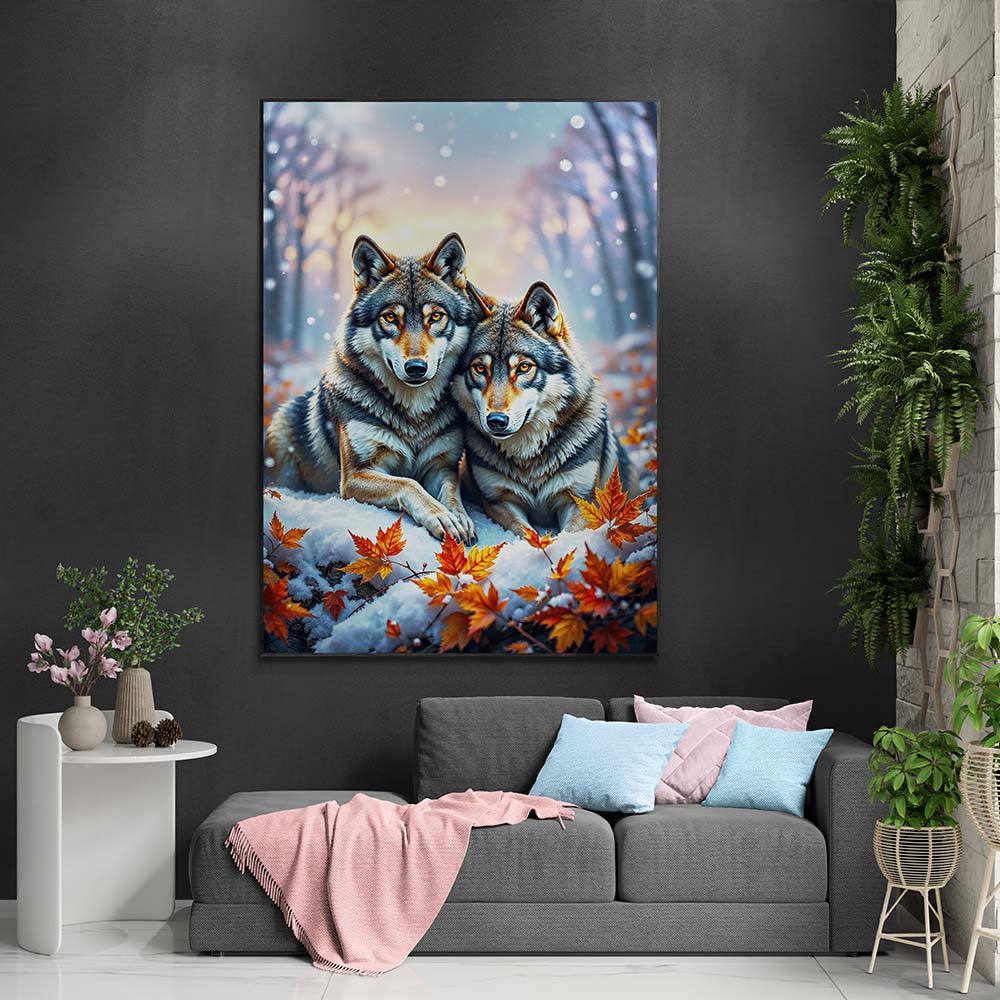 5D Diamond Painting mit AB-Effekt – Wolfspaar im Winterwald, Unique-Diamond