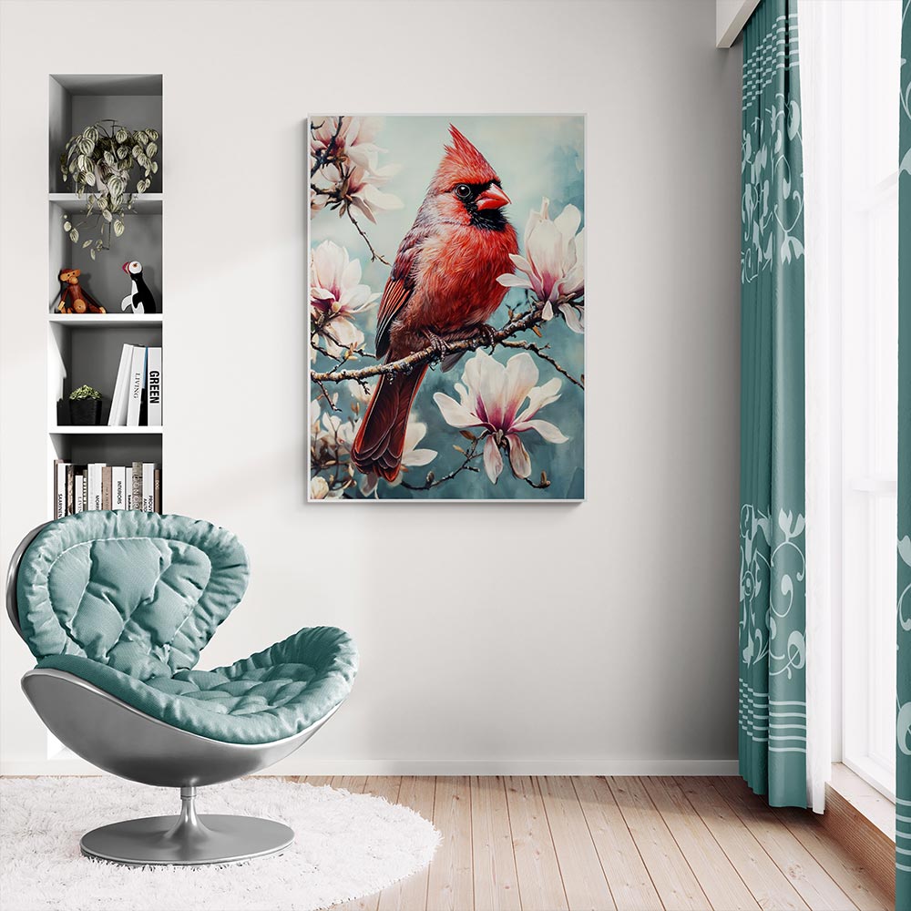 5D Diamond Painting mit AB-Effekt – Kardinalserenade im Magnolienblütenzauber, Unique-Diamond