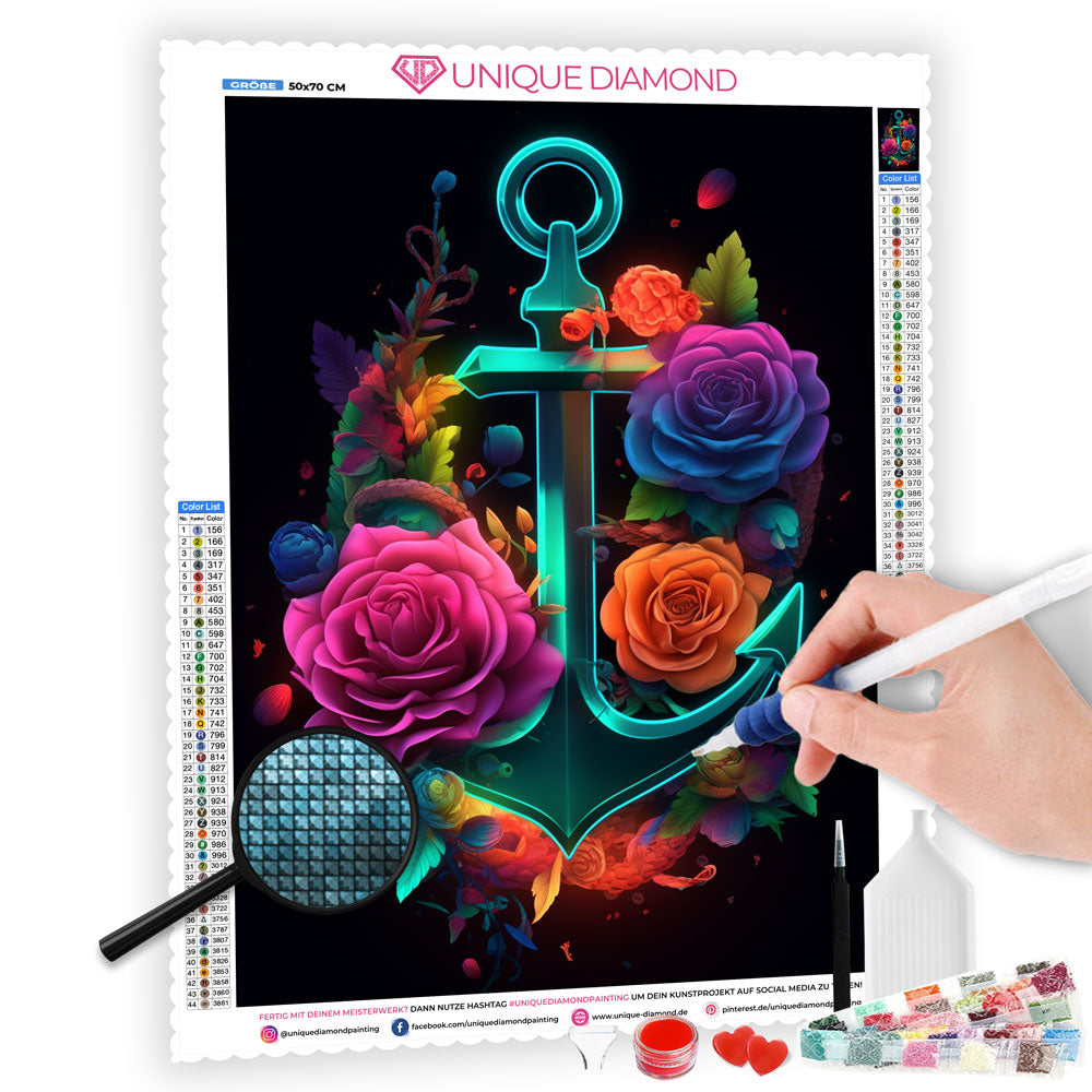 5D Diamond Painting AB Steine Anker mit Blumen, Unique-Diamond