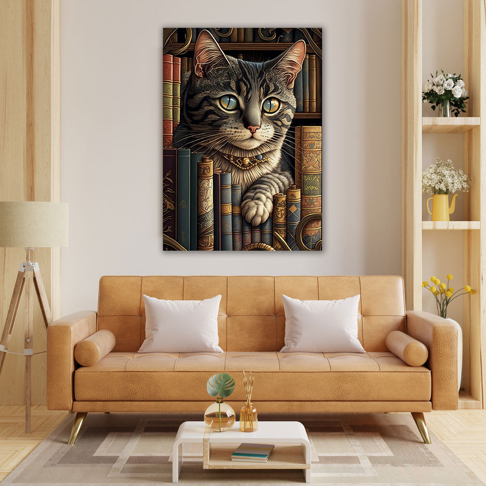 5D Diamond Painting Cat Under Books, Unique-Diamond