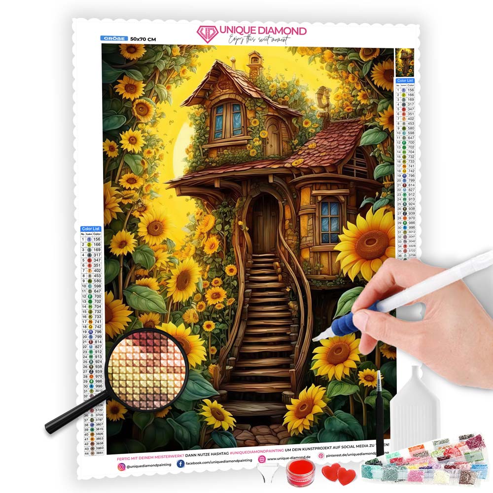 5D Diamond Painting AB Steine Sonnenblumen Hütte, Unique-Diamond