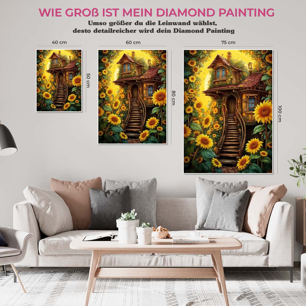 5D Diamond Painting AB Steine Sonnenblumen Hütte, Unique-Diamond