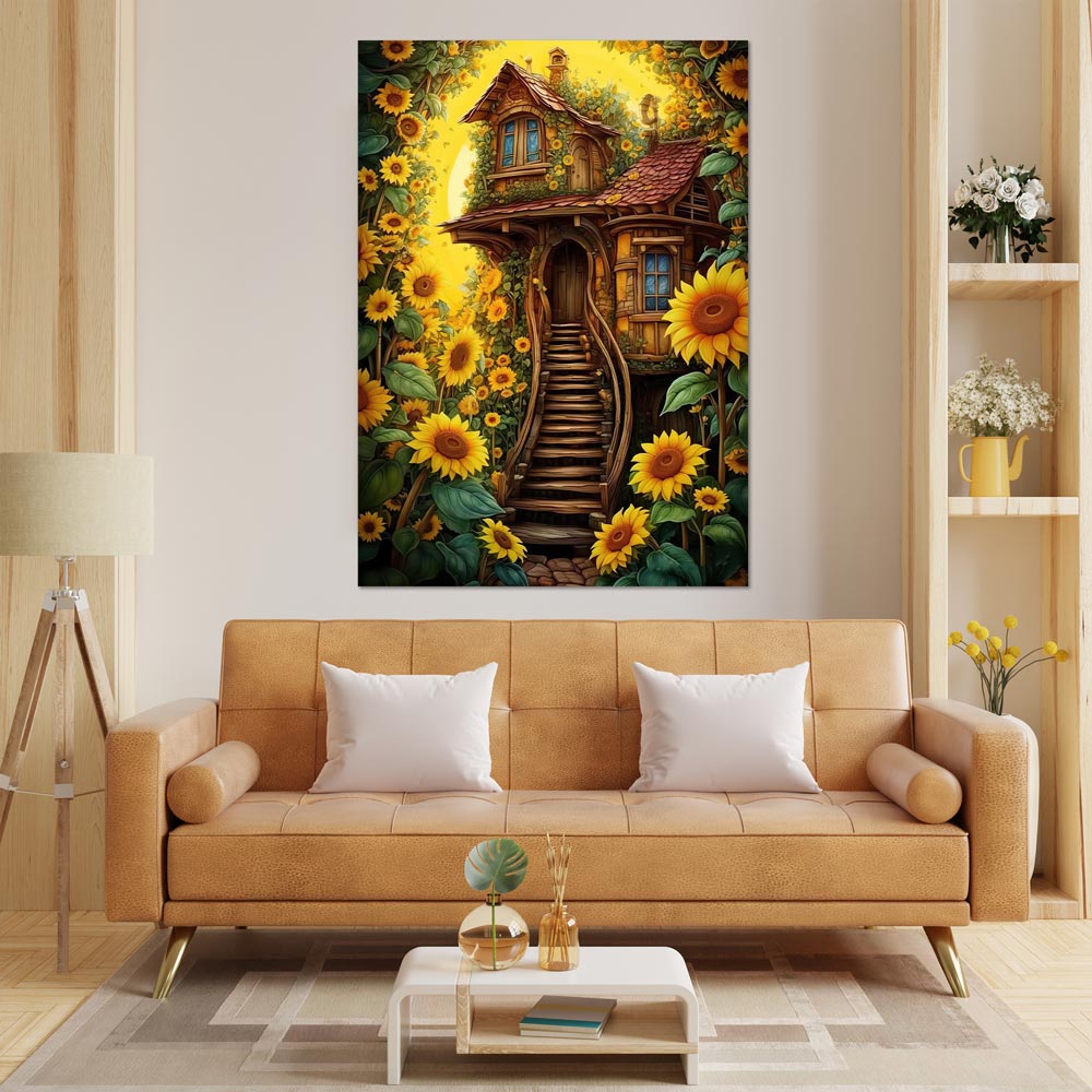 5D Diamond Painting AB Steine Sonnenblumen Hütte, Unique-Diamond