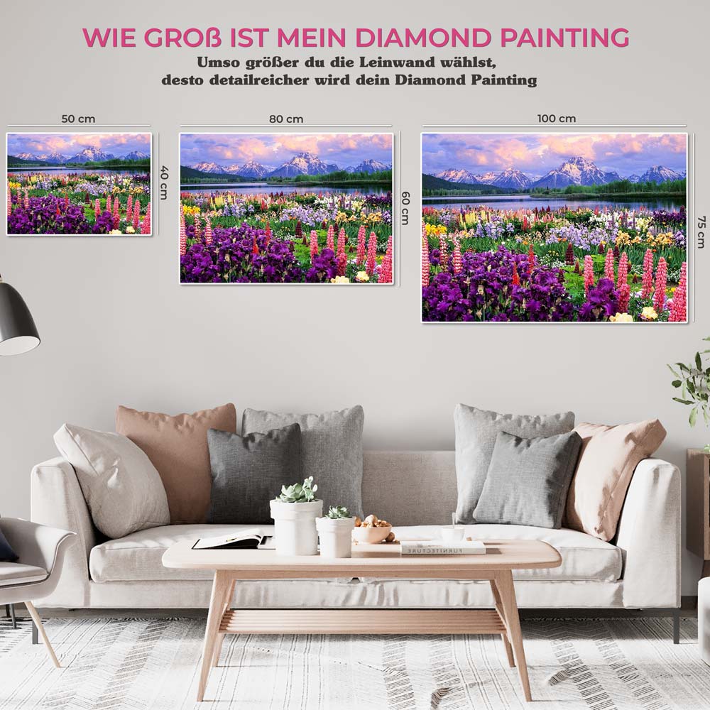 5D Diamond Painting AB Steine Blumenfeld in den Bergen - Unique-Diamond
