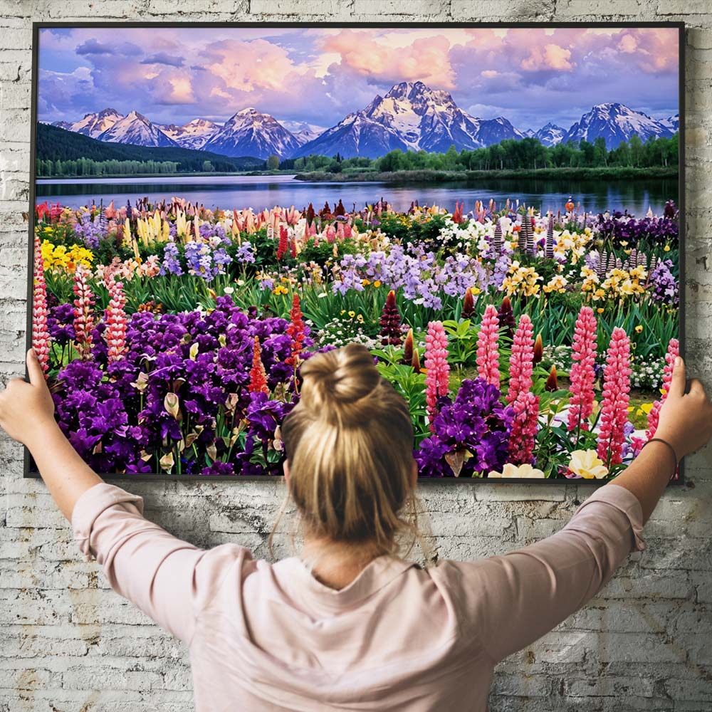 5D Diamond Painting – Blumenfeld in den Bergen Unique-Diamond