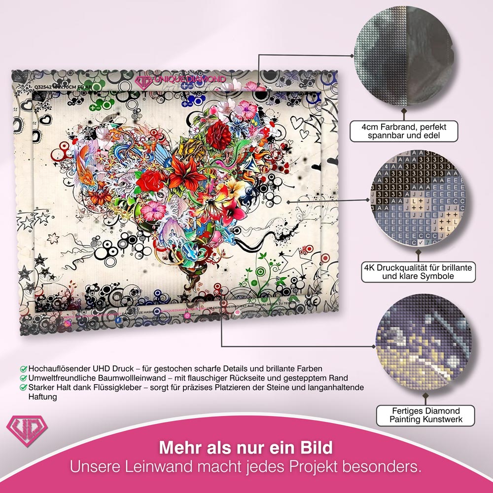 5D Diamond Painting – Herz aus Blumen abstrakt Unique-Diamond