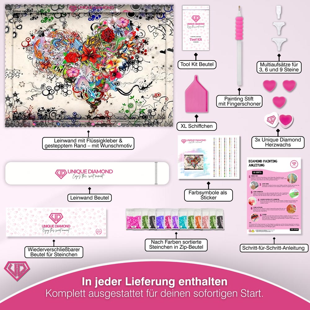5D Diamond Painting – Herz aus Blumen abstrakt Unique-Diamond