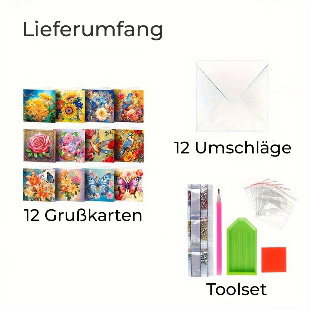 Diamond Painting Grußkarten Blumen 12 Stück, Unique-Diamond