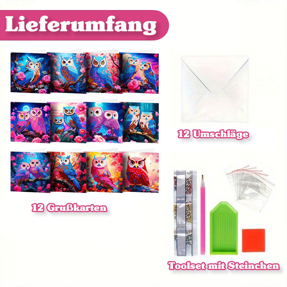 Diamond Painting Grußkarten Eulen 12 Stück, Unique-Diamond