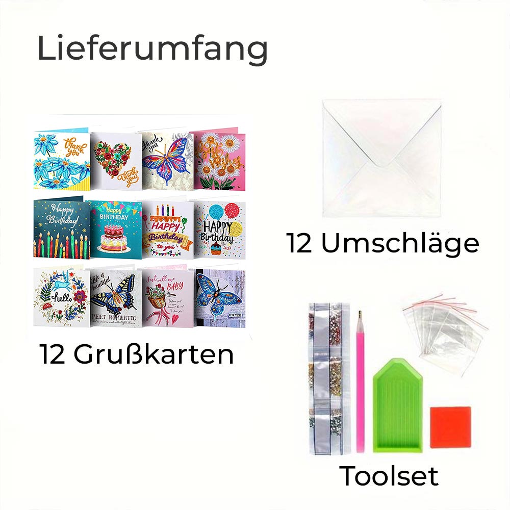 Diamond Painting Grußkarten Set 12 Stück, Unique-Diamond