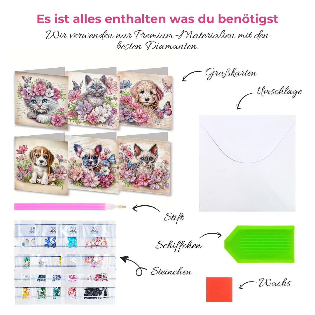 5D Diamond Painting Grußkarten – Tierische Blumengrüße 6 Stück, Unique-Diamond