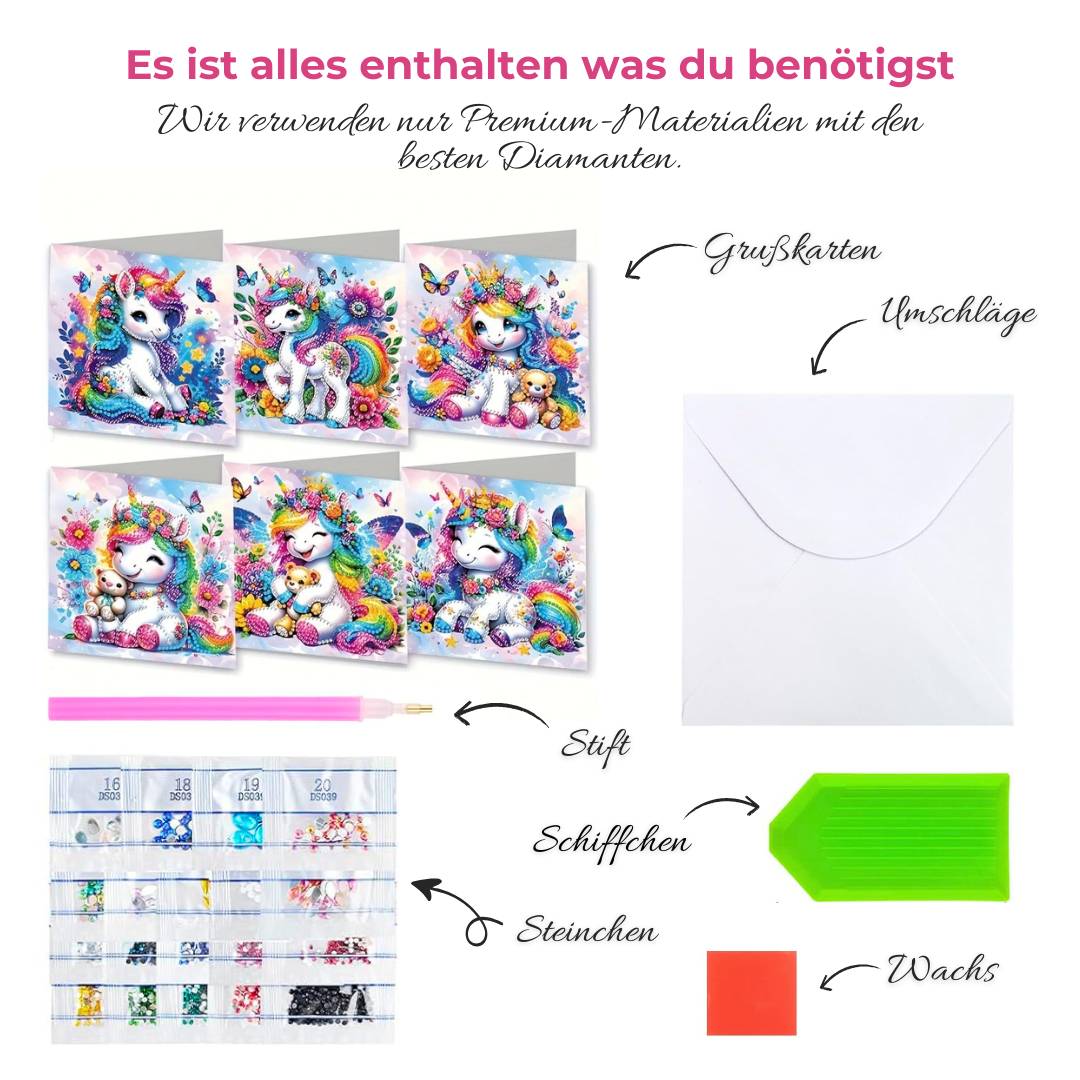 5D Diamond Painting Grußkarten – Regenbogen-Einhörner 6 Stück, Unique-Diamond