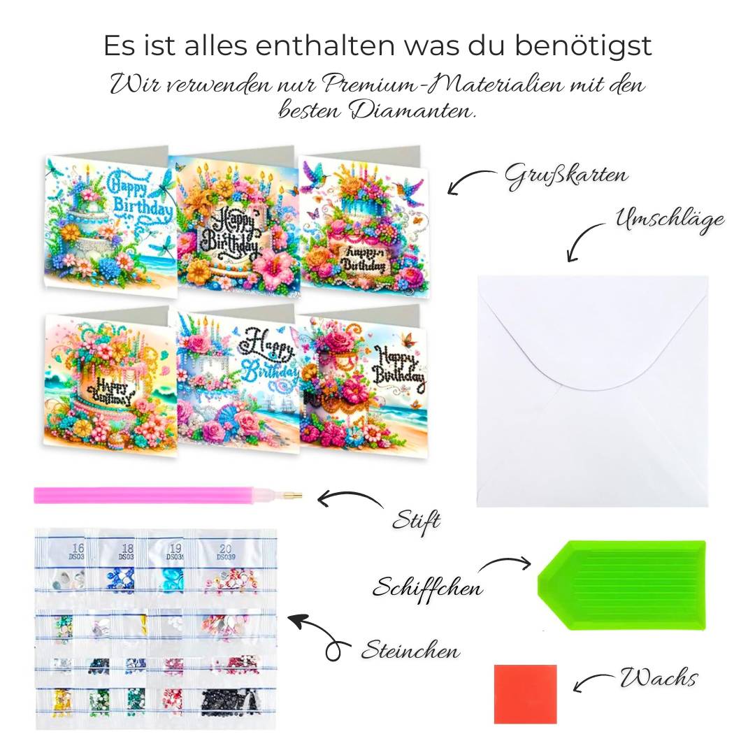 5D Diamond Painting Grußkarten Happy Birthday 6 Stück, Unique-Diamond