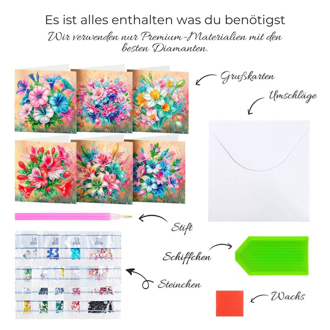 5D Diamond Painting Grußkarten – Blumenpracht 6 Stück, Unique-Diamond