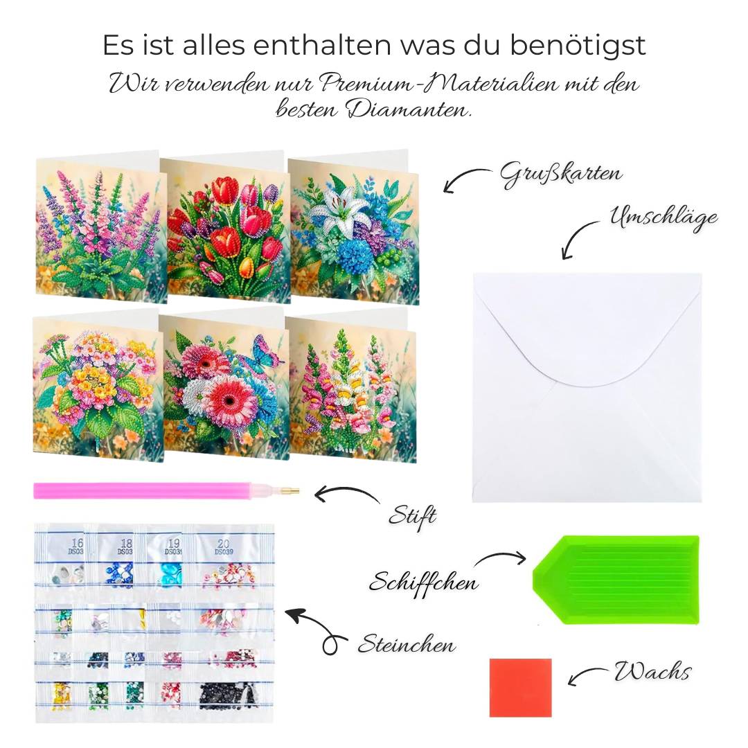5D Diamond Painting Grußkarten – Elegante Blütenpracht 6 Stück, Unique-Diamond