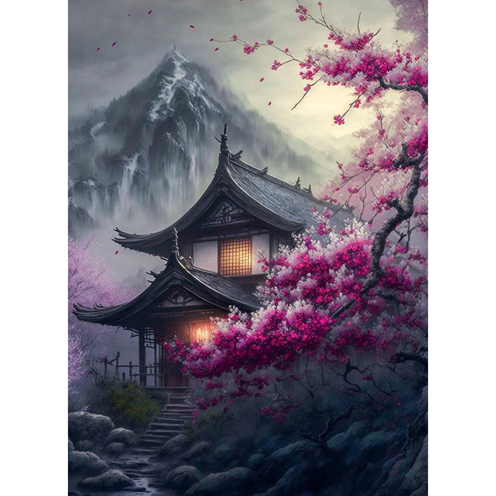5D Diamond Painting Japanisches Haus in den Bergen, Unique-Diamond