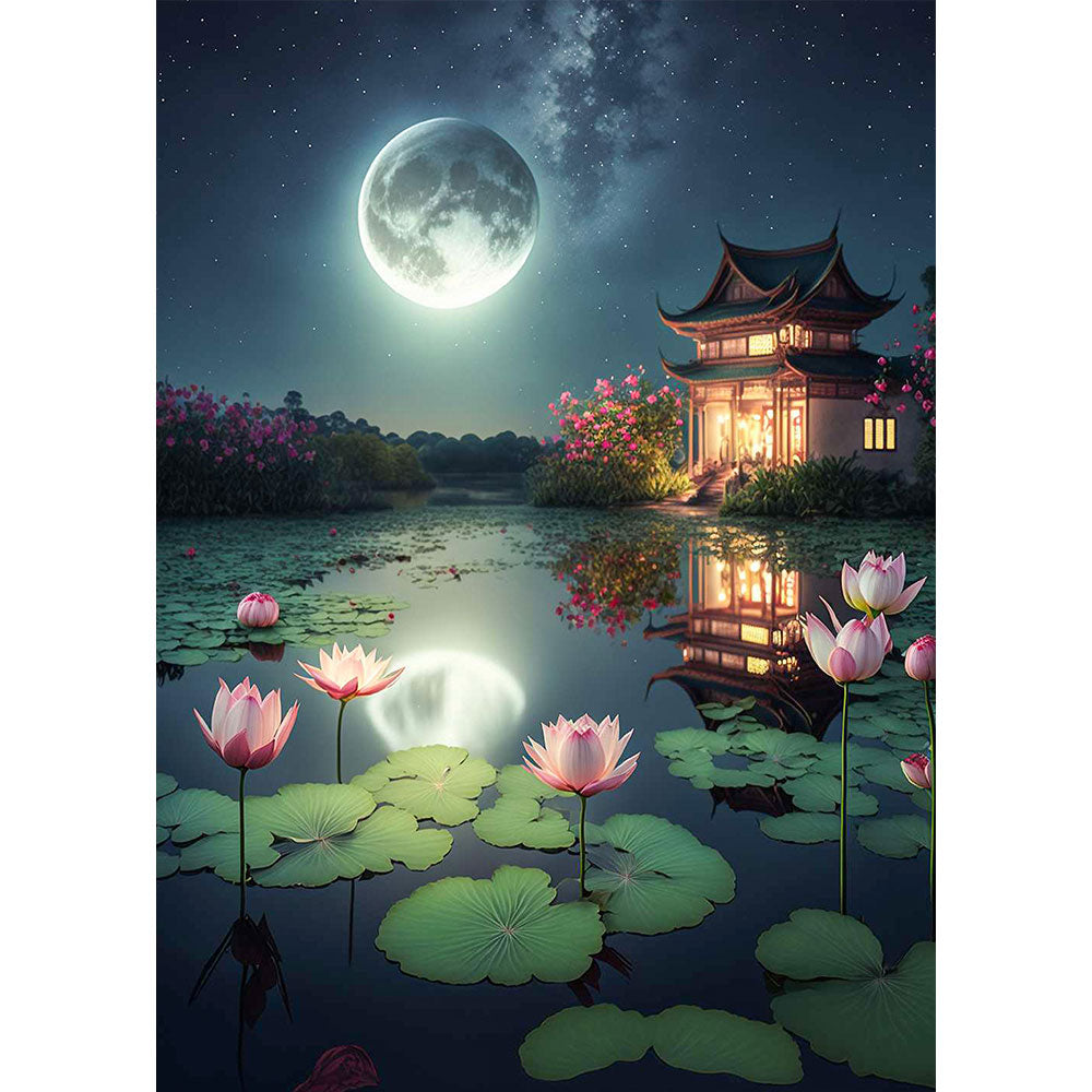5D Diamond Painting Lotus Teich, Unique-Diamond