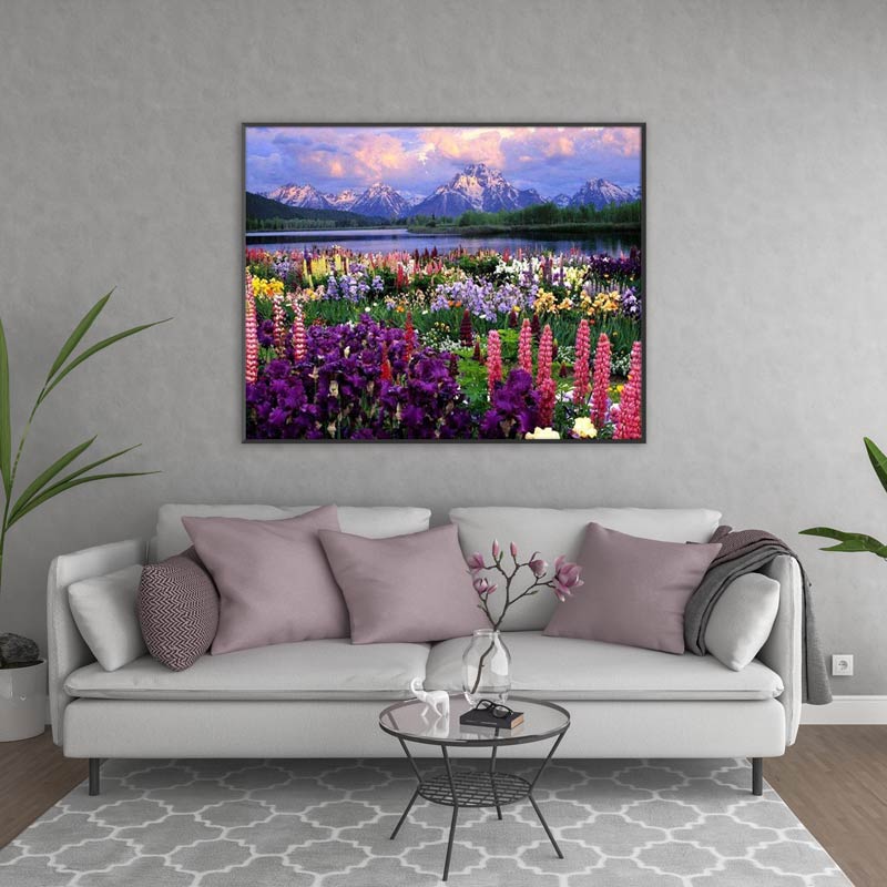 5D Diamond Painting AB Steine Blumenfeld in den Bergen - Unique-Diamond