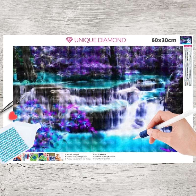 5D Diamond Painting AB Steine XXL Wasserfall mit Lila Bäumen - Unique-Diamond