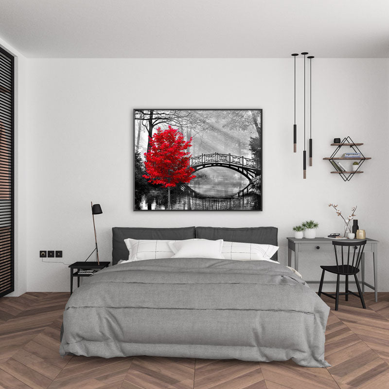 5D Diamond Painting Roter Baum mit Brücke - Unique-Diamond